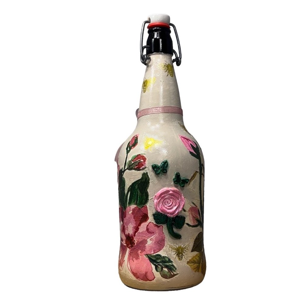 Hand Painted, Decoupaged and Clay Molded Flip Top Glass Bottle Vintage 3D Roses